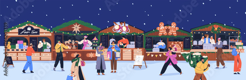 Happy people at Christmas fair, seasonal winter holiday street market. Outdoor shops, kiosks, huts in snow, festive evening, Xmas eve night, horizontal panoramic view. Flat vector illustration