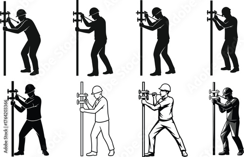 Silhouette illustration of construction worker using pipe clamp tool, industrial technician adjusting scaffolding, builder working with equipment, engineering maintenance concept