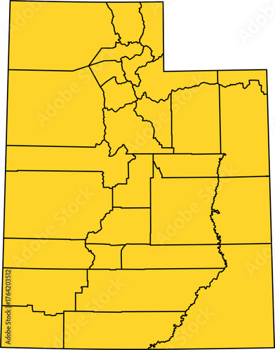 Yellow vector political map of Utah state outline with all internal county borders, filled with a solid yellow color, presented as a map of the Western United States territory.