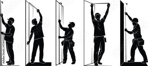 Silhouette illustration of construction worker measuring wall height with tape measure, builder checking alignment, renovation and building process concept scene