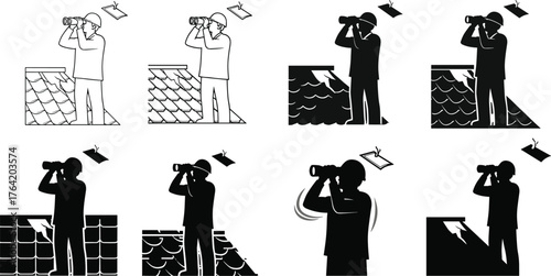 Silhouette illustration of man using binoculars on rooftop, observer looking at sky, surveillance concept, exploration and observation design scene