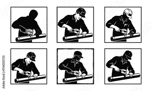 Silhouette illustration of worker cutting metal pipe with angle grinder, industrial technician using power tool, construction safety concept, workshop labor scene