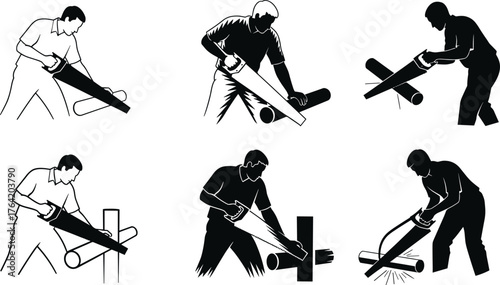 Silhouette illustration of carpenter cutting wood with handsaw, lumberjack working with saw, man sawing log, woodworking concept, construction worker tool scene