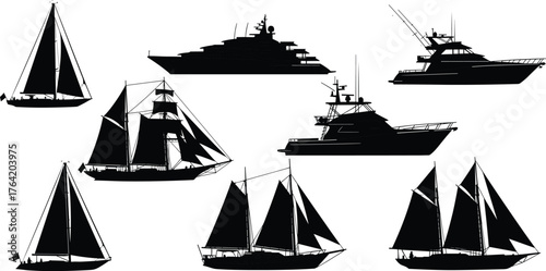 Boat and ship silhouettes in various designs, sailboats yachts tall ships collection, maritime transport illustration, sea vessel shapes, cad drawing flat vector illustration