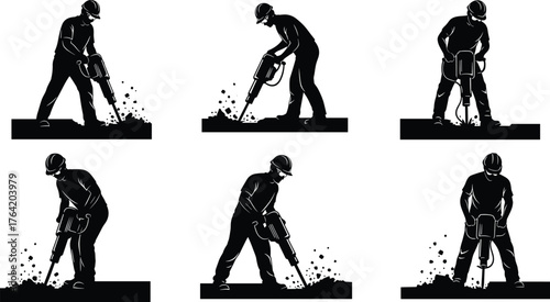 Construction workers operating jackhammers, industrial labor silhouettes, safety gear, demolition power, manual work, heavy machinery, dust debris, urban site tools