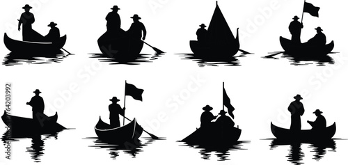 Boat silhouettes with people rowing and sitting, water reflection scene, fishing and sailing activities, river transport, cad drawing flat vector illustration