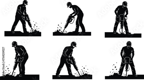 Construction Worker Operating Jackhammer, Manual Laborer Breaking Concrete, Industrial Power Tool Use, Road Repair and Demolition Service, Heavy Equipment Operation Vector Graphic.