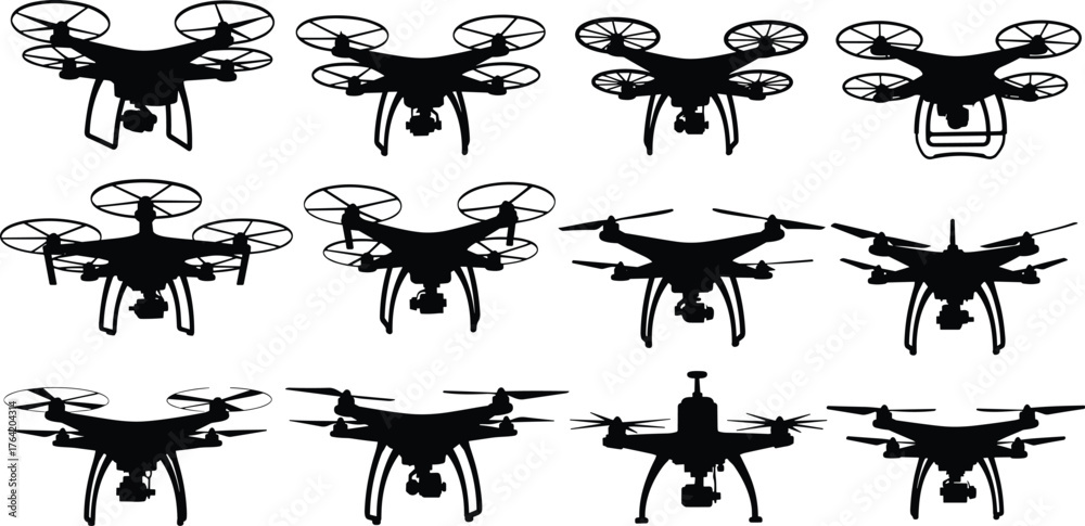 Naklejka premium Drone silhouettes in various designs, quadcopter hexacopter models, aerial photography technology illustration, unmanned flying machines, cad drawing flat vector illustration
