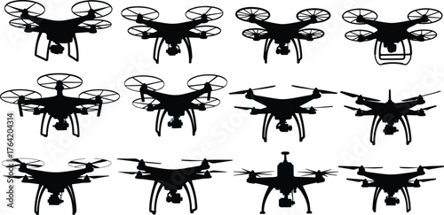 Drone silhouettes in various designs, quadcopter hexacopter models, aerial photography technology illustration, unmanned flying machines, cad drawing flat vector illustration