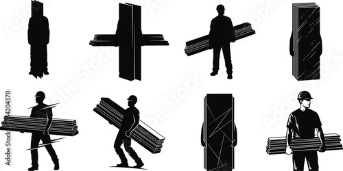 Construction Worker Carrying Stack of Lumber, Manual Laborer with Wooden Planks, Building Materials Delivery, Silhouette Vector Graphic Illustration, Heavy Lifting and Trade Job Concept.