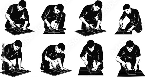 Worker Cutting Floor Tile with Knife, Professional Tiler Installing Flooring, Home Renovation DIY Project, Manual Labor Silhouette Vector Graphic, Construction and Installation Craft.