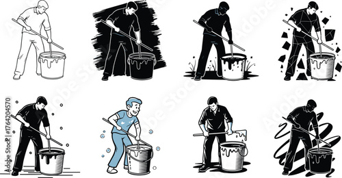 Worker Mixing Paint in Bucket, Construction Professional Stirring Liquid, DIY Home Renovation Project, Monochrome and Stylized Vector Graphic Illustration, Labor and Craft Concept.