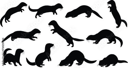 Otter animal silhouettes in various poses, standing walking crouching lying positions, wildlife behavior illustration, aquatic mammal shapes, cad drawing flat vector illustration