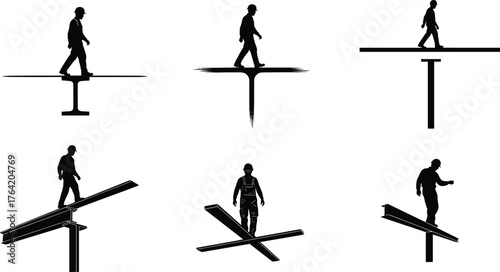 Construction workers walking on steel beams at high altitude, balance and safety illustration for industrial building and structural engineering concept