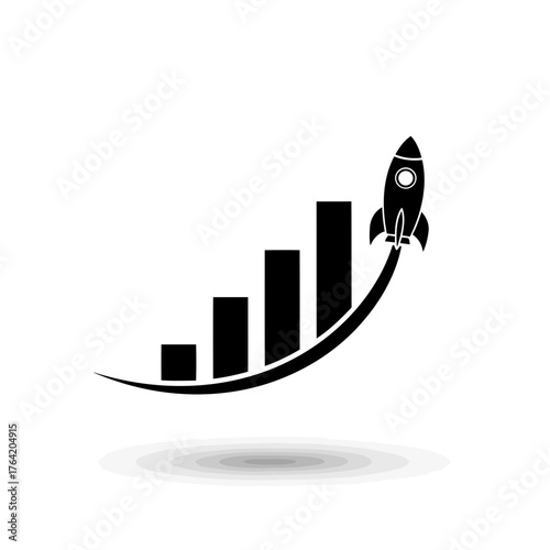 Vector illustration of black and white graphic of a rocket ship launching upwards along a rising bar graph, symbolizing growth and success