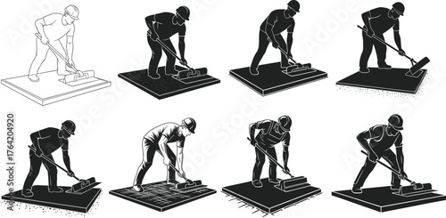 Construction workers leveling concrete floor with trowel and roller, professional builders working on building site foundation and surface finishing illustration