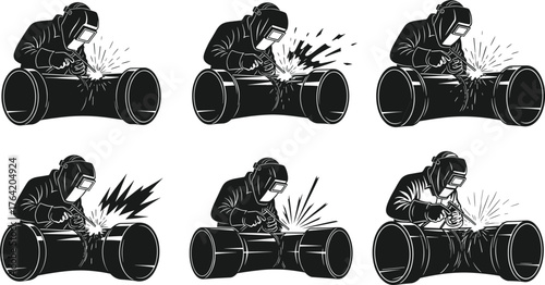 Industrial worker welding metal pipes with sparks flying, welder wearing protective gear and mask for construction and engineering illustration