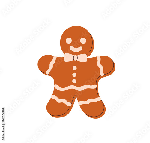 Gingerbread cookie. Christmas ginger man, sweet festive treat. Baked winter holiday biscuit with icing. Xmas dessert, traditional snack, bakery. Flat vector illustration isolated on white background