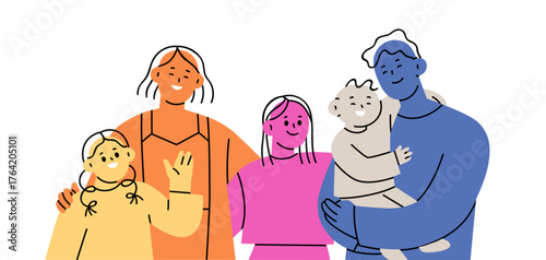 Happy large abstract family portrait. Mom, dad and three children together. Parents, mother and father, siblings, smiling kids, toddler. Flat vector illustration isolated on white background