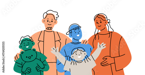 Large family portrait. Happy parents and kids together. Pregnant mother, father and many children. Mom, dad and siblings, boys and girls. Abstract flat vector illustration isolated on white background