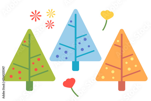 Colorful pastel pine tree and tiny flower clip art.Scandinavian woodland folk design.Abstract beautiful background.Nature forest illustration for print decorate,banner,happy seasona,Christmas holiday.