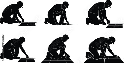 Construction worker installing ceramic floor tiles, professional tiler silhouette, handyman kneeling on floor using tools for home renovation project illustration