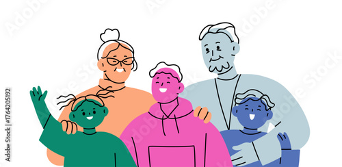 Happy family portrait, grandparents with grandchildren. Old and young generations, bonding relationships between grandmother, grandfather, kids. Flat vector illustration isolated on white background