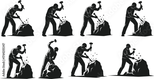 Construction worker breaking rock with hammer and chisel, stone mason at work, mining, labor, hard work, industrial job illustration