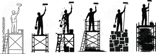 Painter worker standing on scaffold painting wall with roller, house painter man, construction, renovation, maintenance, building improvement concept illustration