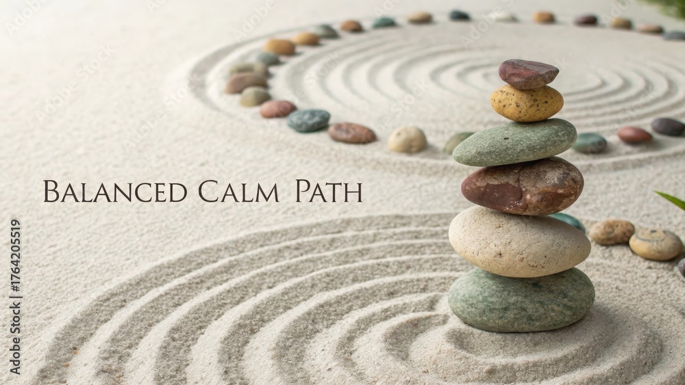Obraz premium Serene Stone Stacking in Raked Sand with Peaceful Patterns