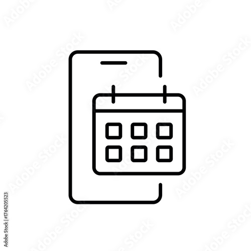 A vector icon of a digital calendar with clock, representing online appointment booking, created in line style with editable stroke