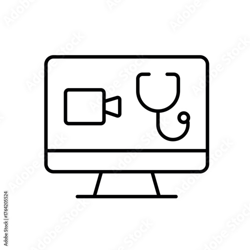 A vector icon of a telehealth video call interface showing a stethoscope and camera symbol on a desktop screen, created in line style with editable stroke