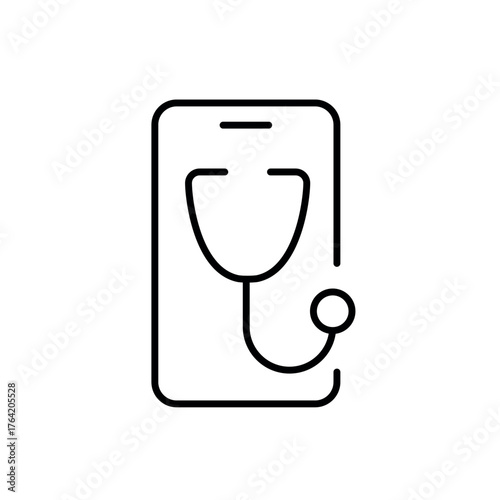 A vector icon of a virtual stethoscope displayed on a smartphone, representing mobile-based remote diagnostics, created in line style with editable stroke