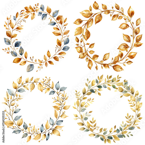 Watercolor leaf gold wreath frame isolated on a transparent background