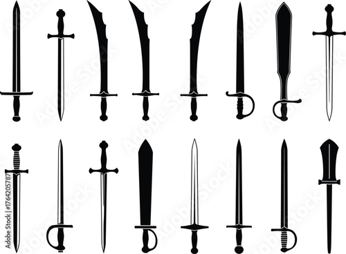Sword silhouettes in multiple designs, medieval weapon collection, fantasy blade illustration, historical combat arms, warrior tools, cad drawing flat vector illustration