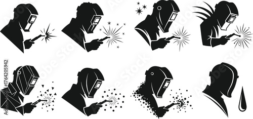 Welder working with sparks, industrial worker wearing safety helmet, welding process illustration showing metalwork, craftsmanship, and engineering industry 
