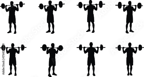 Weightlifting silhouettes with barbell exercises, strength training poses, fitness workout illustration, bodybuilding posture sequence, cad drawing flat vector illustration