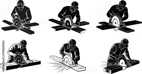 Construction worker cutting wood with circular saw, carpenter using power tool, safety helmet, industrial craftsmanship and woodworking illustration concept