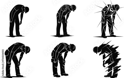 Tired construction worker silhouette, exhausted builder after hard labor, industrial fatigue concept showing worker burnout, stress, and workplace exhaustion illustration