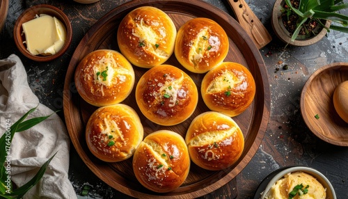 Golden Brown Baked Dinner Rolls Sprinkled with Herbs and Cheese Served on a Rustic Wooden Platter with Butter and Greenery Accent