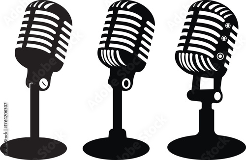 Podcast and Studio Microphone Icon Set – Voice Recording, Broadcasting, and Audio Equipment Vector Illustration.