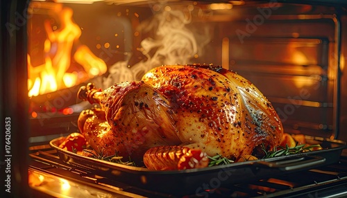 Golden Brown Roasted Turkey Cooking In A Hot Oven With Flames And Steam Rising Detailed Close Up Shot