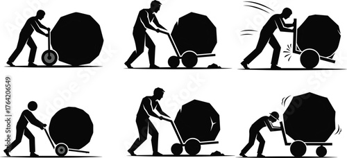 Silhouette worker pushing heavy object with hand truck, industrial labor, manual effort, delivery concept, transportation and logistics illustration for business use