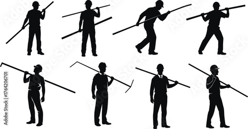 Silhouette construction workers carrying metal pipes, industrial labor teamwork, engineering site preparation, heavy lifting workforce safety, building industry concept illustration