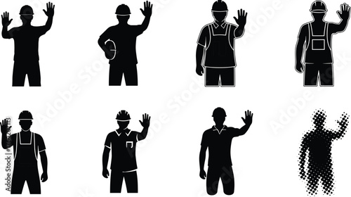 Construction worker waving hand silhouette, greeting gesture illustration, safety worker concept, friendly builder pose, industrial teamwork communication design, labor greeting art