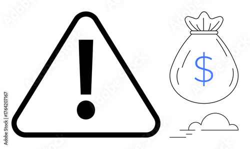 Black exclamation inside triangle next to a dollar-marked money bag with minimal cloud. Ideal for finance, caution, savings, debt, fraud, investment, budgeting. Simple flat metaphor
