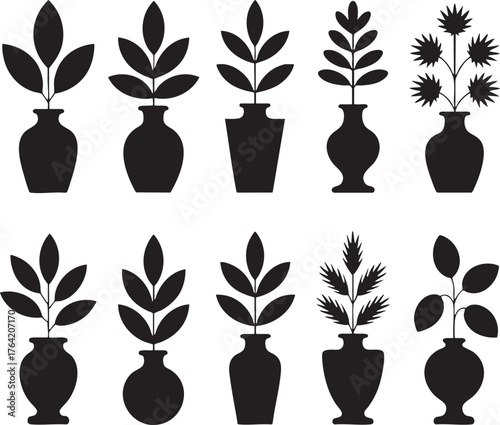 Collection of silhouette potted plants in vases black and white