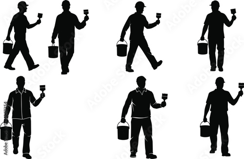 Construction painter worker silhouette holding paint bucket and brush, home renovation concept, professional painting job illustration, wall decorating worker design