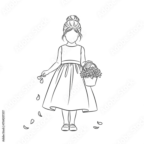 A faceless flower girl holding a basket and scattering petals, wedding concept, black line drawing, black and white image.