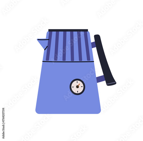 Modern electric kettle with temperature sensor. Blue tea pot for preparing hot beverages. Teapot to boil water for brewing coffee, herbal drinks. Flat isolated vector illustration on white background